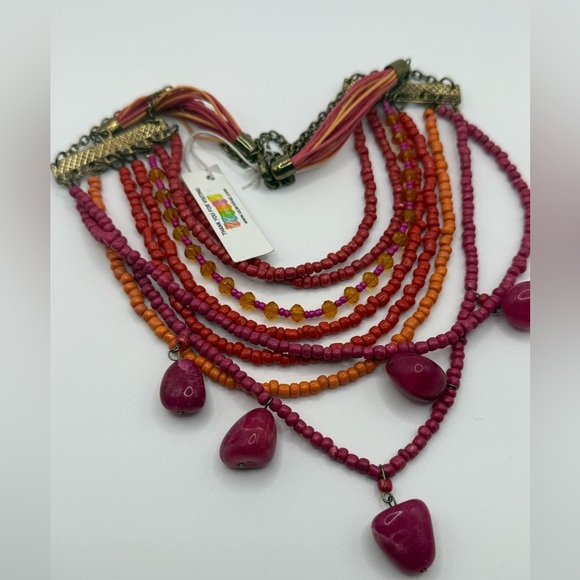 Multi strand Beaded Glass Acrylic Statement Necklace Boho Pre Owned - Picture 5 of 8